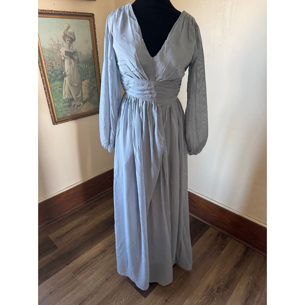Dusty Blue Long Sleeve Cottagecore Boho Dress Bridesmaid XS A-Line Empire Waist